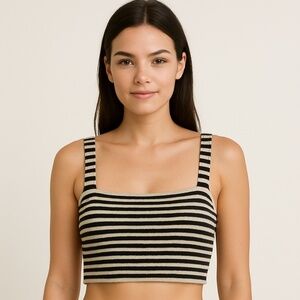 ST JOHN LUXE Crop KNIT TANK Swimsuit TOP Black Cream WOOL PREP STRIPE WOMENS 6